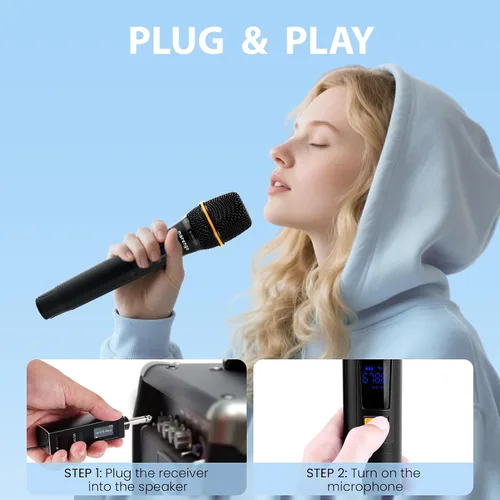 Vista 8 de Micrófonos inalámbricos, micrófono profesional UHF de metal dual para karaoke inalámbrico con receptor recargable (260 pies), conectar y usar