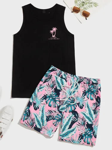 Vista 3 de GORGLITTER Conjunto de 2 piezas para hombre, con estampado floral, cintura elástica, pantalones cortos sin mangas
