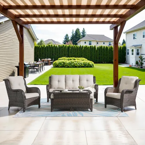 Vista 27 de Belord Mesa auxiliar pequeña para exteriores, mesa de mimbre de vidrio templado, mesa de centro impermeable para patio, mesa auxiliar de ratán