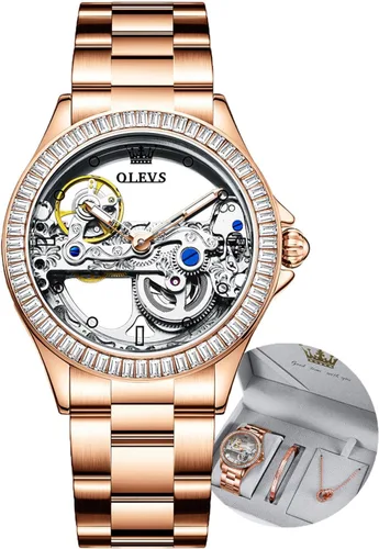 Vista 8 de OLEVS Reloj de mujer con diseño de esqueleto, mecánico automático, plateado, de lujo, impermeable, luminoso, conjunto de regalo