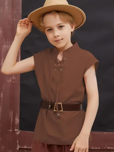 Vista 3 de CharmWM Camisetas sin mangas de pirata renacentista para niños, disfraz vikingo, medieval, con cordones, escocés, Halloween, cosplay, camisetas sin