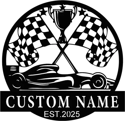 Vista 9 de Letrero de metal personalizado con bandera de carreras a cuadros, arte de pared de metal personalizado, letrero de nombre con monograma de bandera a