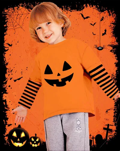 Vista 3 de CM-Kid Camisa de Halloween para niños pequeños y niñas, diseño de calabaza, esqueleto, fantasma, dinosaurio, rayas, camisetas de manga larga