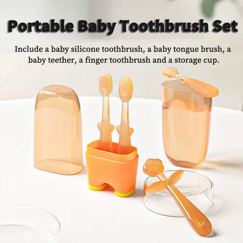 Vista 2 de FOKiiBO Juego de cepillos de dientes de silicona para bebés, cepillo de lengua + cepillo de dientes de dedos con taza para entrenamiento