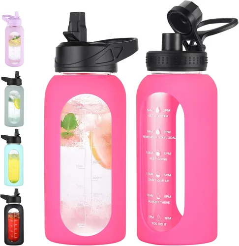 Vista 15 de EALGRO Botella de agua de vidrio de 32 onzas con popote y asa, frasco de agua motivacional deportivo con funda de silicona, taza grande a prueba