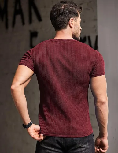Vista 3 de COOFANDY Camisetas musculares elásticas de manga corta con cuello en V para hombre, camisetas de entrenamiento de culturismo, camisa de punto