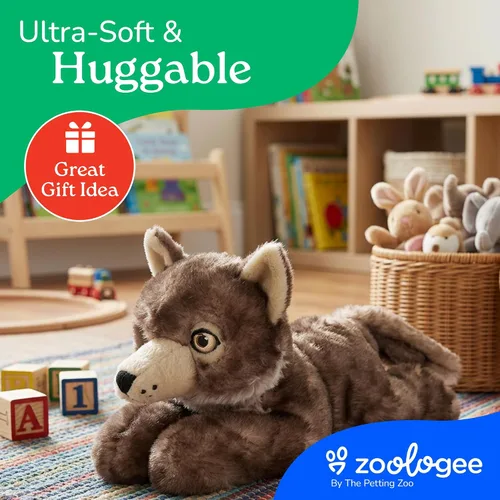 Vista 6 de The Petting Zoo Peluche de lobo de madera, regalos para niños, animales de vida silvestre Earth Keeperz, juguete de peluche de lobo de madera marrón
