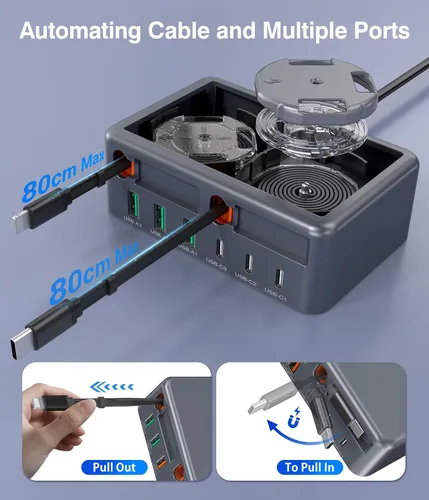 Vista 7 de Bloque de cargador USB C retráctil 8 en 1, concentrador de estación de carga múltiple GaN de 120 W con cable de iluminación y tipo C, enchufe
