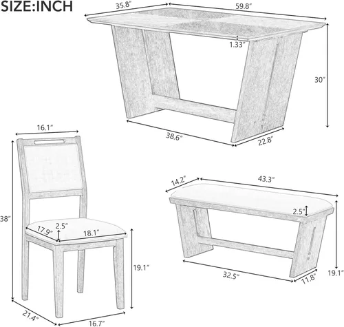 Vista 3 de Merax Juego de comedor retro de 6 piezas, 1 mesa rectangular con base de mesa trapezoidal estable y 4 sillas tapizadas y 1 banco para comedor