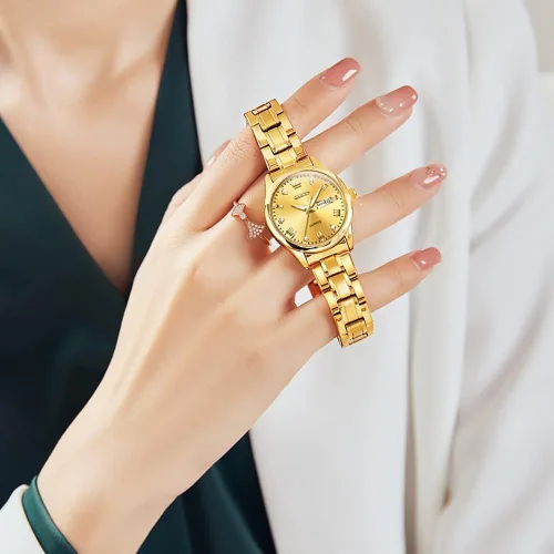 Vista 3 de OLEVS Reloj de pulsera para mujer clásico elegante con diamantes dorados de acero inoxidable impermeable para día