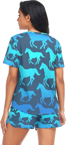 Vista 2 de Selerdon Blue Horse Pajamas Set Womens 2 Piece PJ Sets Soft Short Sleeve Loungewear Sleepwear Set