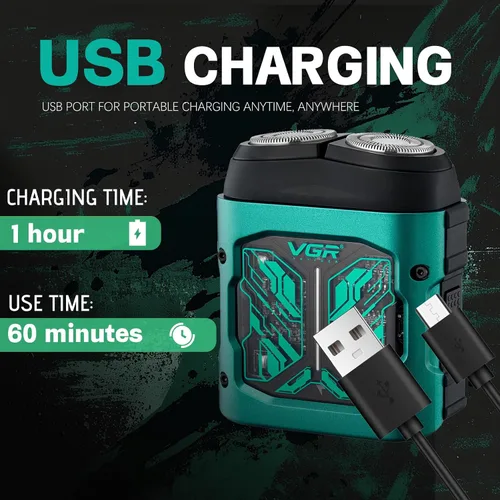 Vista 6 de VGR Mini afeitadora eléctrica 344 – Navaja giratoria recargable por USB de doble anillo, afeitadora facial portátil IPX6 húmeda y seca para hombres