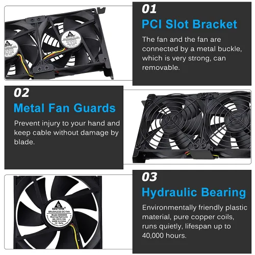 Vista 9 de GDSTIME Ventiladores de tarjeta gráfica, Enfriador de tarjeta gráfica, Enfriador de tarjeta de video, ranura PCI Dual 3.543 in 3.622 in