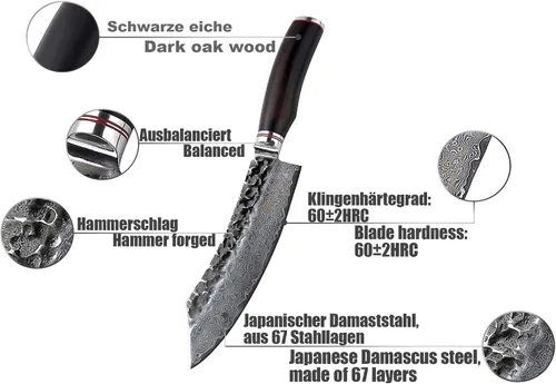 Vista 4 de Wakoli EBO - Cuchillo de carnicero para barbacoa, 12 pulgadas VG10 con núcleo de damasco, mango de roble oscuro Extra-long blade Damascus kitchen