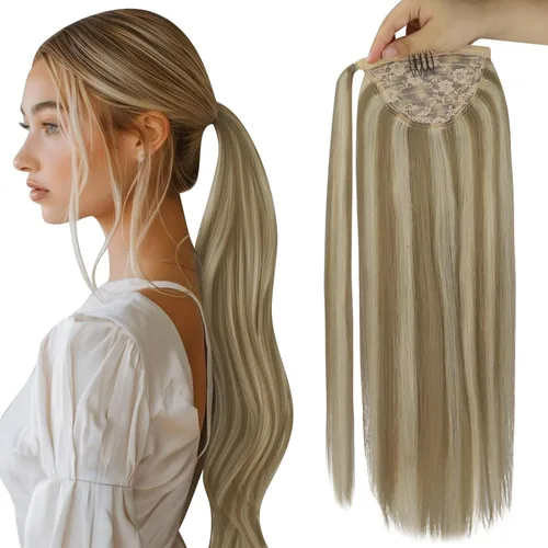 Vista 17 de Extensiones de cabello Full Shine con clip para cola de caballo, cabello humano, tonos medios marrones y rubio miel, envoltura alrededor de la cola