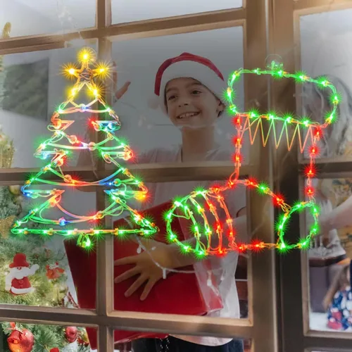 Vista 4 de 2 piezas de 100 luces iluminadas decoración de silueta de ventana de Navidad, árbol de Navidad iluminado y calcetín de Navidad para ventana