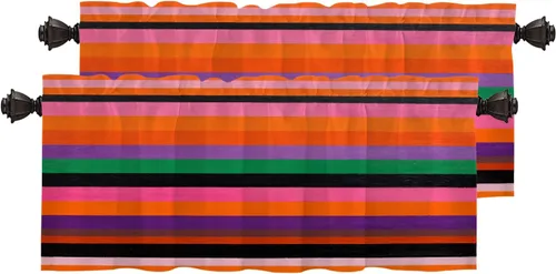 Vista 16 de Cortinas de cocina de hojas de arce otoñales para ventanas, hojas verdes y rojas sobre cenefas opacas negras, tratamientos de ventana de poliéster