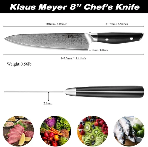 Vista 4 de Klaus Meyer Luxor - Cuchillo de chef de 8 pulgadas, cuchillo de cocina de damasco, cuchillo de chef japonés VG10 de acero inoxidable de alto carbono