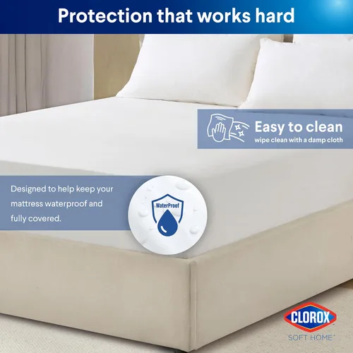 Vista 5 de Clorox Protector de colchón ajustable impermeable, vinilo impermeable, protección duradera contra derrames y manchas, cierre elástico, tamaño Queen