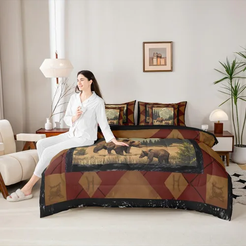Vista 71 de Feelyou Juego de edredón de ciervo con sábanas – Tamaño Queen 7 piezas Juego de ropa de cama infantil de caza rústica – Cama de ciervo de cabaña