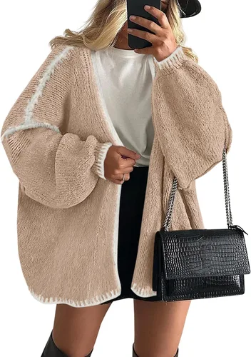 Vista 25 de PRETTYGARDEN Suéteres tipo cárdigan de gran tamaño para mujer Albaricoque