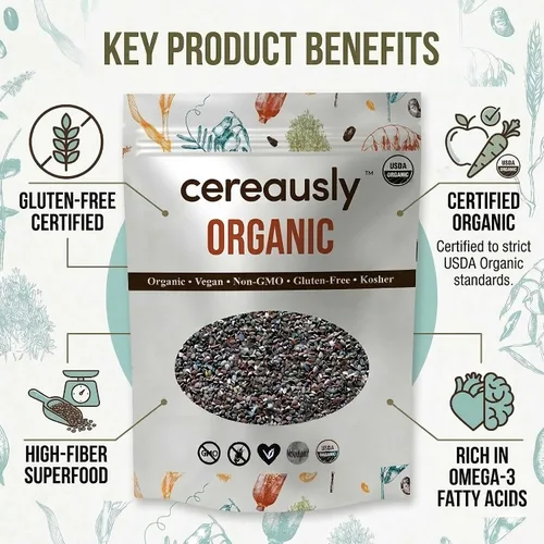 Vista 2 de Semillas orgánicas de chía negra de 4 libras a granel – Superalimento Omega-3 con alto contenido de fibra, sin OMG, sin gluten, veganas, kosher