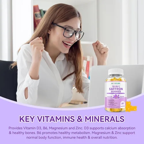 Vista 6 de Gomitas de Azafrán para Adultos y Niños, Suplemento Regulador de Cortisol 10-EN-1 con Azafrán 88.5mg, Vitamina D3, B6, Magnesio, Zinc, Ashwagandha