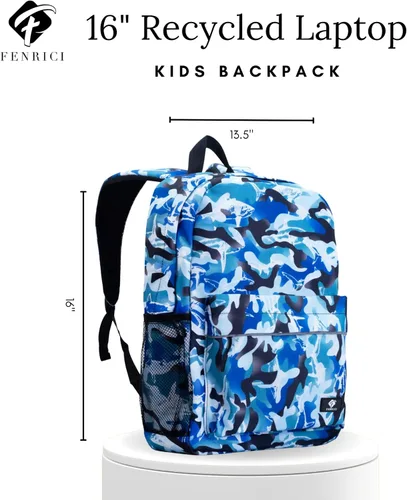 Vista 3 de Fenrici - Mochila para niñas, niños y adolescentes, mochila reciclada para laptop, de 16 x 13.5 pulgadas, L, Impresión de tiburón azul.