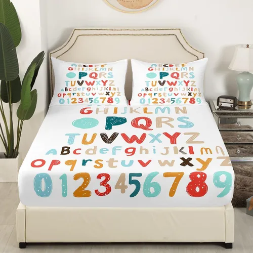 Vista 4 de Erosebridal Juego de ropa de cama con diseño del alfabeto para niños, bolsillo profundo, sábana bajera ajustable con patrón digital para niños