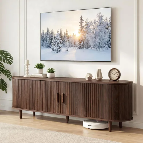Vista 9 de Soporte de TV moderno de mediados de siglo de 58 pulgadas, consolas de TV de madera con puertas correderas y toma de corriente, centro