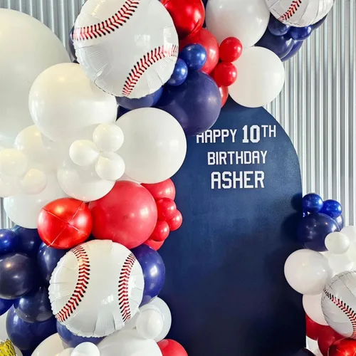 Vista 6 de VitaCraft Kit de arco de guirnalda de globos de béisbol, 136 piezas de arco de globos rojo, blanco y azul marino con guante de béisbol globo