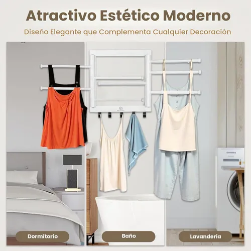Vista 4 de Estante de Secado de Bambú para Montaje en Pared para Lavandería – Secadora de Ropa Plegable Colapsible con 8 Brazos y 5 Ganchos, Colgador Secador