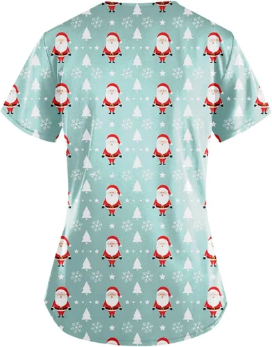 Vista 2 de Christmas Scrub Tops for Women Ugly Cute Printed Short Sleeve Working Uniform Xmas Nurse Workwear T Shirts