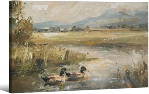 Vista 27 de Haitunone Póster de estanque de pato real con animales de granja, arte de pared, pintura de pato vintage, pintura al óleo, cazador de pájaros