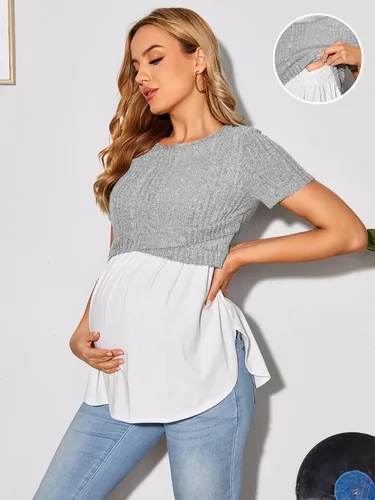 Vista 3 de WDIRARA Camiseta de maternidad de manga corta para mujer, de punto acanalado, para lactancia