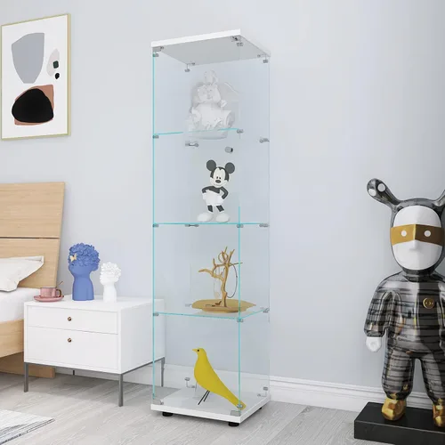 Vista 21 de Vitrina de cristal con luces LED y cerradura, vitrina Curio de 4 niveles con puerta de cristal, estantería de pie para sala de estar, dormitorio