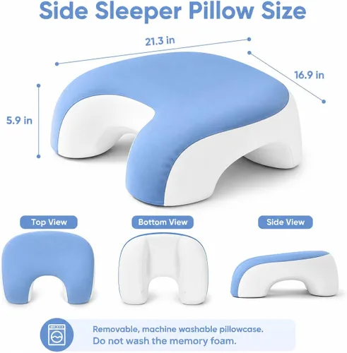 Vista 2 de Almohada cervical ergonómica de espuma viscoelástica para dolor de cuello y hombros, almohada versátil de rodilla, pierna y brazo, azul y blanco
