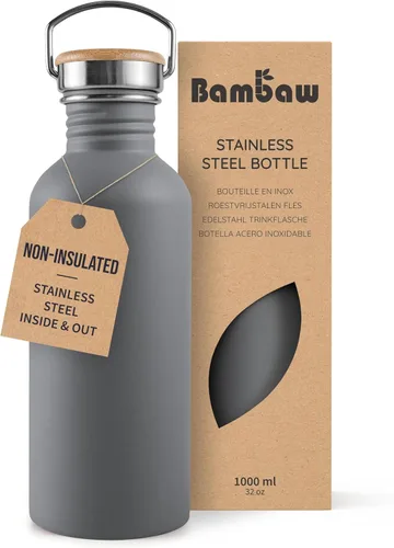 Vista 10 de Bambaw Botella de agua de acero inoxidable de 16 onzas, botella deportiva azul marino, no aislada, de pared simple, botella de agua pequeña de metal