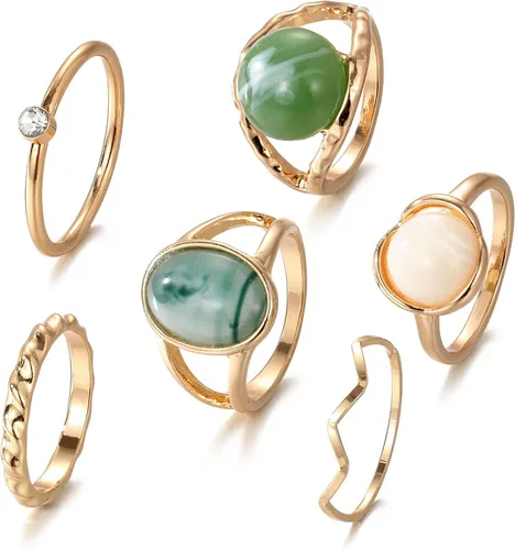 Vista 6 de Juego de 6 anillos de diamantes de imitación dorados y verdes para mujer, anillo de piedra preciosa natural, anillo de buena suerte, anillos verdes