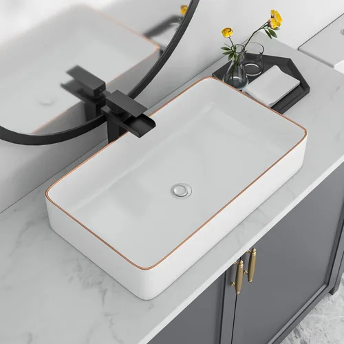 Vista 10 de Lavabo de baño negro de 16 x 12 pulgadas, lavabo de apoyo rectangular para baños, de cerámica, sobre mostrador, lavabo rectangular de baño, lavabo