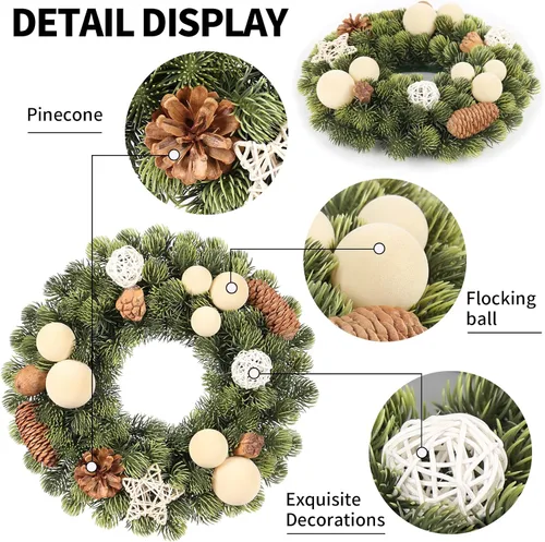 Vista 2 de Pequeña corona de Navidad, bola de terciopelo beige artificial de 13 pulgadas, mini coronas para decoración de Navidad de puerta delantera