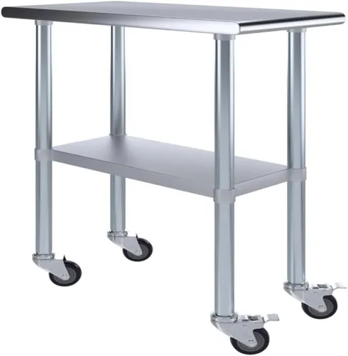 Vista 6 de Mesa de trabajo comercial de acero inoxidable con estante inferior y ruedas (24x72)