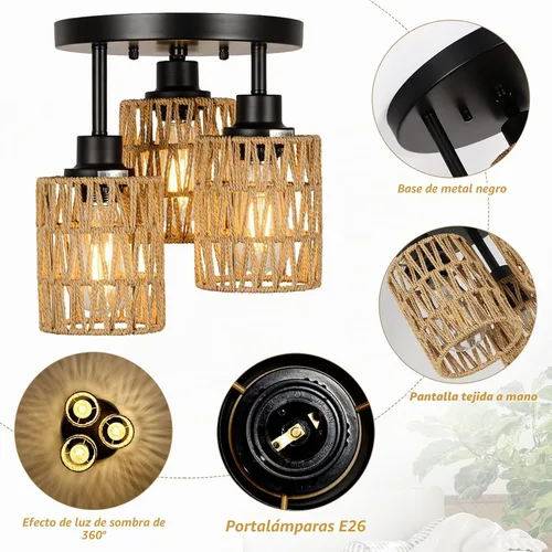 Vista 7 de Lámparas de Techo Bohemias de 3 Luces Montaje en Techo, Candelabro de Ratán Estilo Granja, Pantalla de Jaula Tejida a Mano Montaje Semi Empotrado