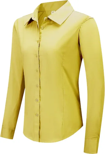 Vista 16 de Blusa de trabajo con botones para mujer, de algodón elástico, manga larga, ajuste delgado