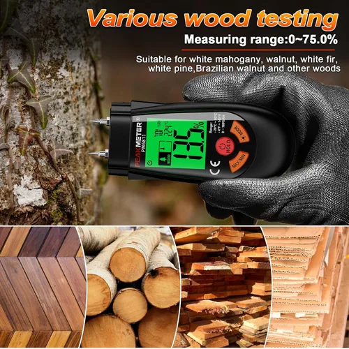 Vista 3 de Medidor de humedad de madera, con función de temperatura y humedad, adecuado para la determinación rápida del contenido de humedad de muchos tipos