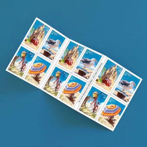 Vista 5 de Un día en la playa 2026 (Libro de 20) Cuatro escenas de encanto junto al mar Sellos postales de primera clase Mail Forever