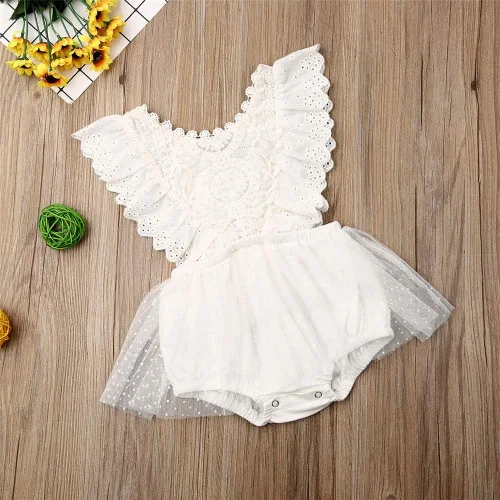 Vista 2 de Mameluco de tutú de tul con flores de encaje para bebé, vestido de princesa para primer cumpleaños, ropa de fiesta