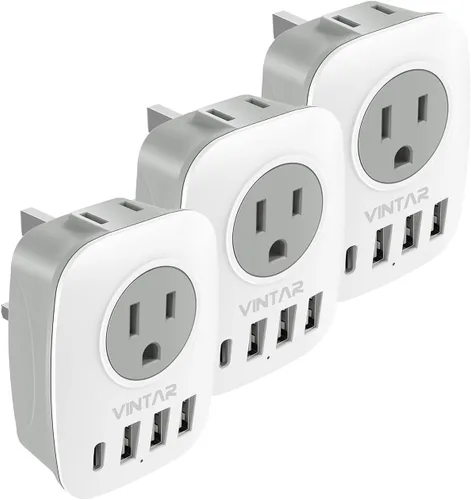 Vista 13 de Paquete de 2 adaptadores de enchufe de Sudáfrica, adaptador de enchufe VINTAR tipo M con 1 USB C, 3 puertos USB y 2 enchufes estadounidenses