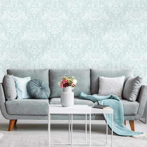 Vista 3 de World of Wallpaper Harlen Woodland Animal Flor y Planta Temática Pintado a Mano Estilo Damasco Papel pintado Dormitorio Guardería Pato Huevo Azul