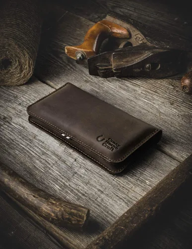 Vista 2 de Funda de cuero para 2 teléfonos, iPhone 15 Pro Max / 15 Plus, 14/13 / 12, 13/12 Mini, billetera doble, marrón madera, bolsa para teléfono móvil